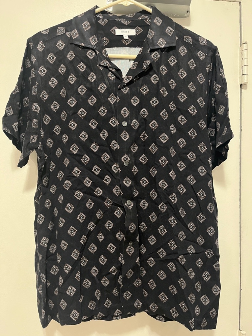 Reiss Slim Black Short-Sleeve Printed Button-Down Shirt